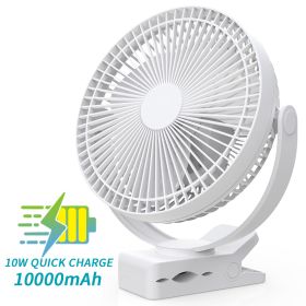 10000mAh Rechargeable Portable;  8-Inch Battery Operated Clip on Fan;  USB;  4 Speeds;  Strong Airflow;  Sturdy Clamp for Office Desk Golf Car Outdoor (Color: White)